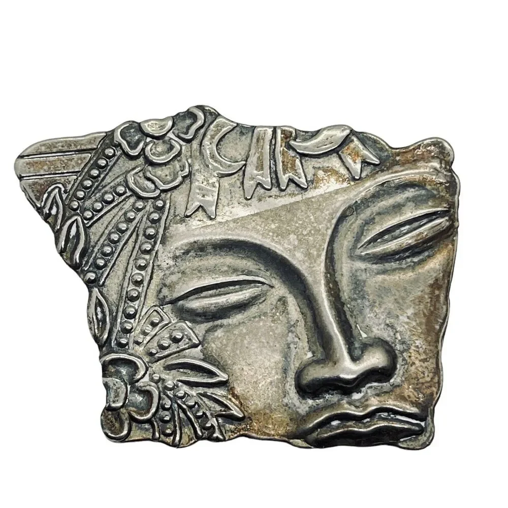 Face Brooch Pin Art Nouveau Silver Tone Fragment Style Retro Chic Aged Floral